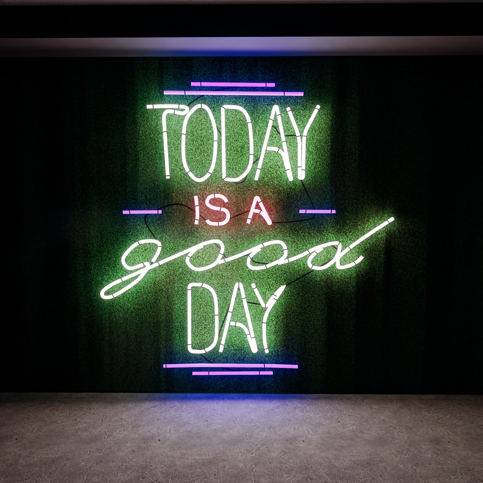 Neonowy napis 'Today is a good day' na ścianie pokrytej sztuczną zielenią, z elementami oświetlenia w kolorze fioletowym.