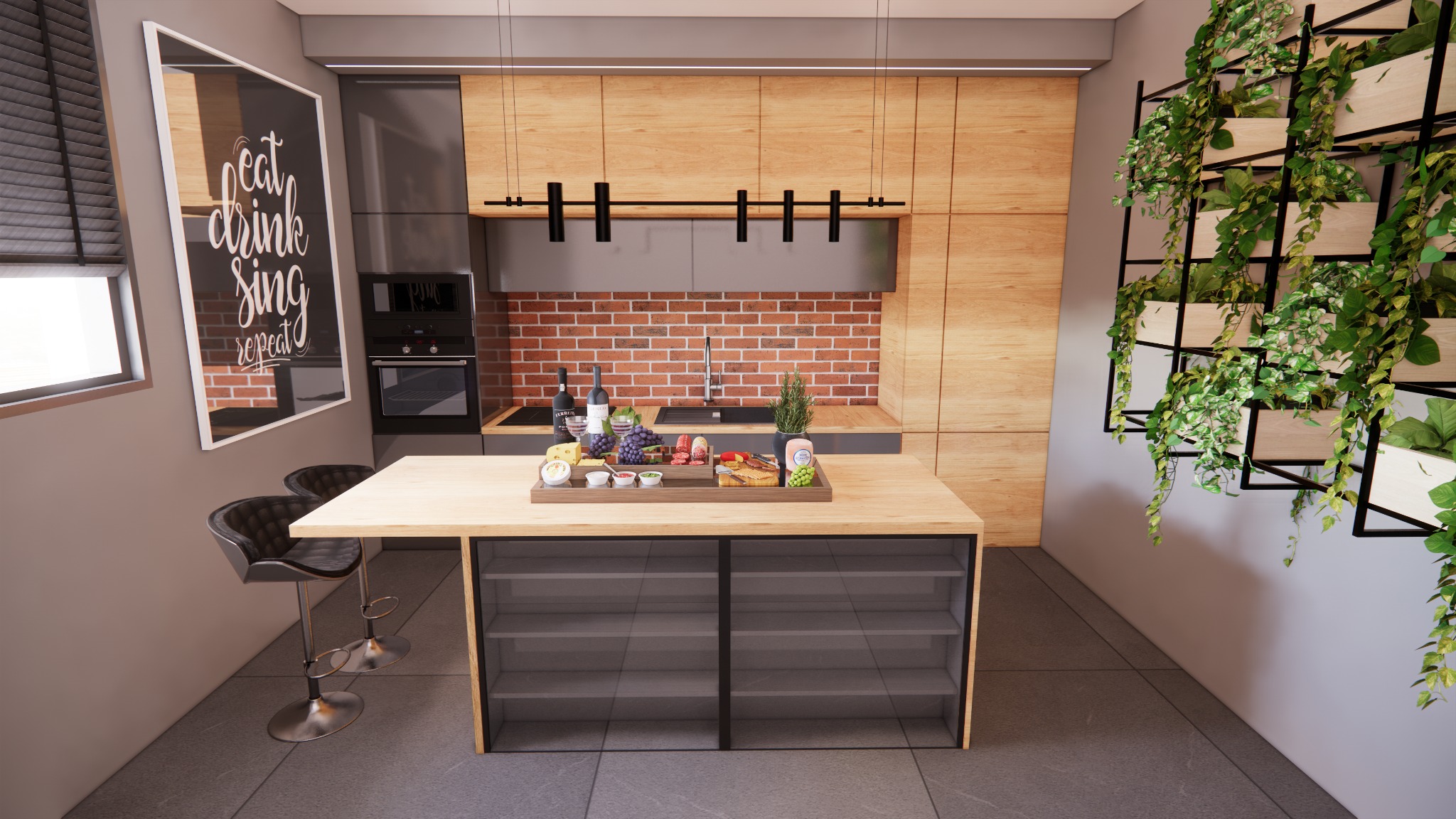 Wizualizacja nowoczesnej kuchni z drewnianymi frontami, ceglaną ścianą nad blatem, wyspą z przeszklonymi szafkami, dekoracyjną ścianą zieleni i plakatem z napisem 'eat drink sing repeat'.