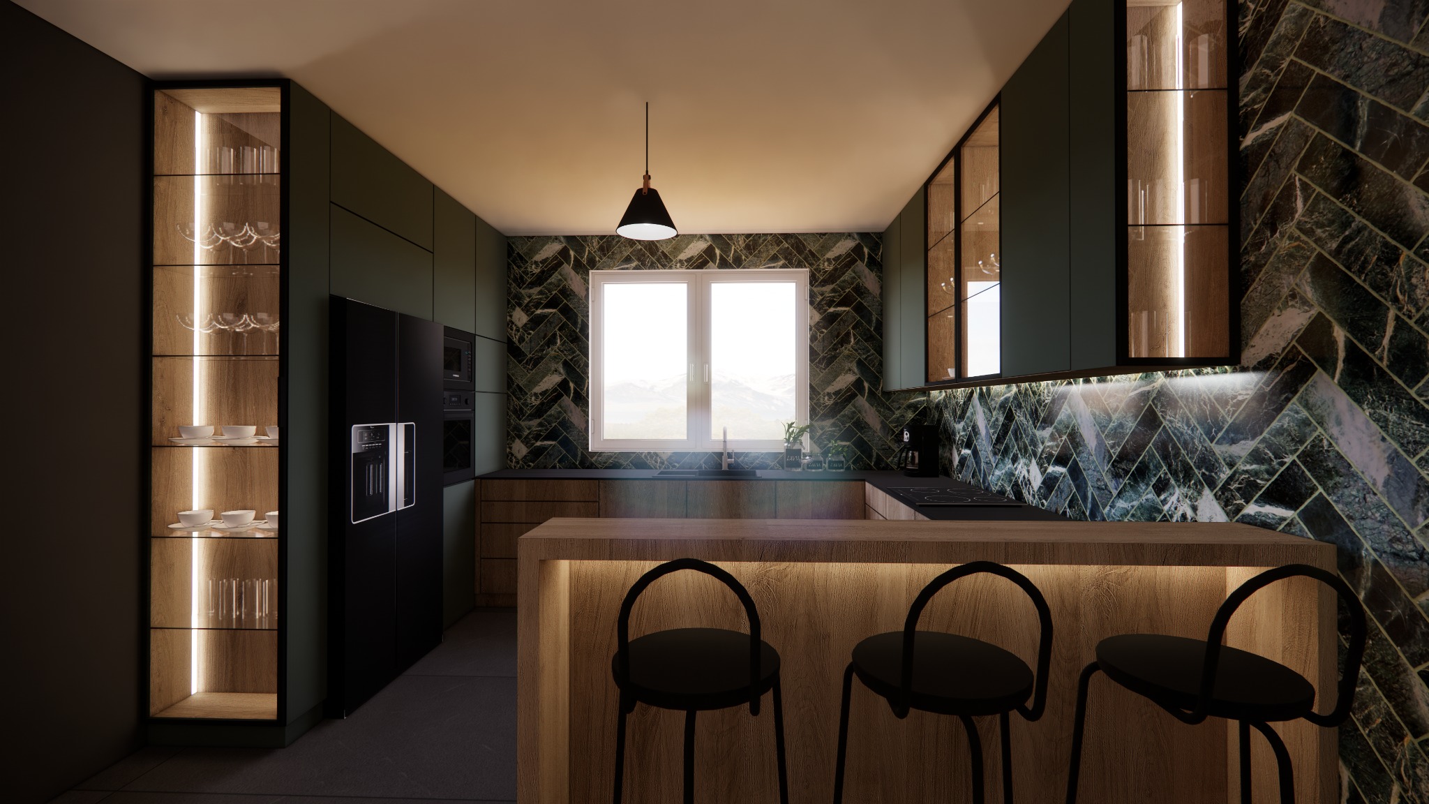 Wizualizacja nowoczesnej kuchni z wyspą, ciemnozielonymi szafkami, marmurową ścianą w jodełkę i oświetleniem LED pod blatem wyspy.