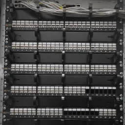 Panel krosowniczy Solarix z ponumerowanymi portami RJ45 w szafie rack, widoczne kable sieciowe w górnej części.