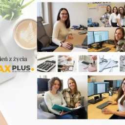 Kolaż zdjęć przedstawiający zespół biura rachunkowego w różnych sytuacjach: pracownicy przy biurkach z komputerami, spotkania zespołu, detale biurowe jak kalkulator, laptop i filiżanka kawy...