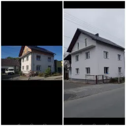 Porównanie elewacji domu przed i po remoncie: stara, popękana elewacja z ceglanymi elementami kontra nowa, gładka, pomalowana na szaro elewacja z odnowioną stolarką okienną.