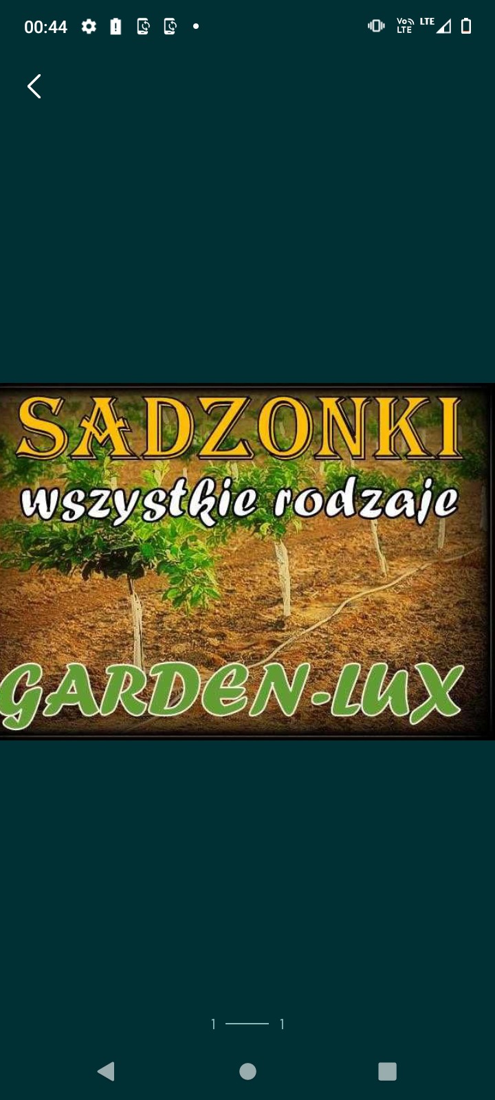 Reklama szkółki drzewek owocowych z napisem 'SADZONKI wszystkie rodzaje GARDEN-LUX' na tle drzewek owocowych.