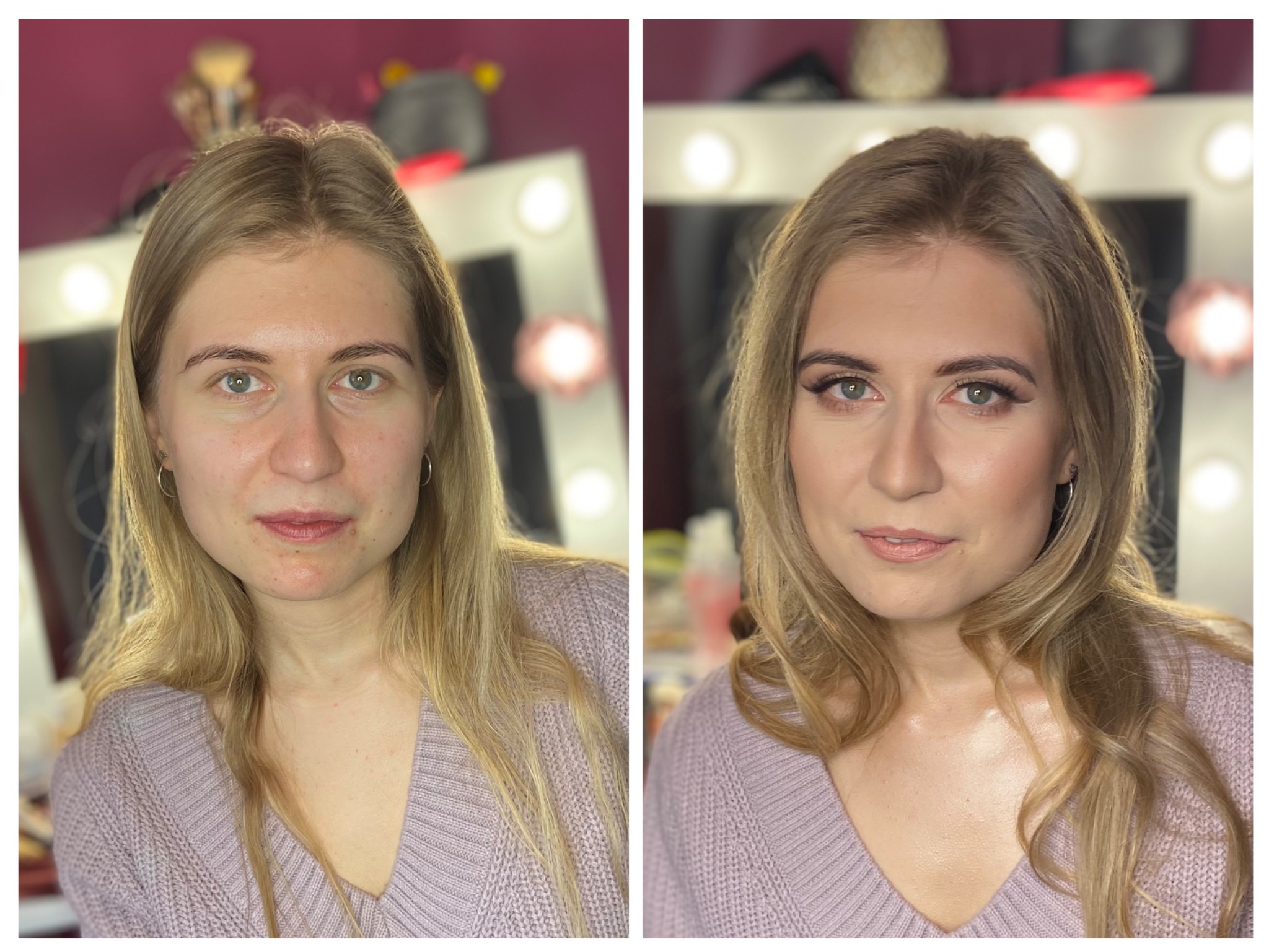 Kolaż przedstawiający twarz kobiety przed i po wykonaniu zabiegu upiększającego, z widoczną różnicą w wyglądzie cery, podkreślonych oczach i ustach, na tle toaletki z oświetleniem.