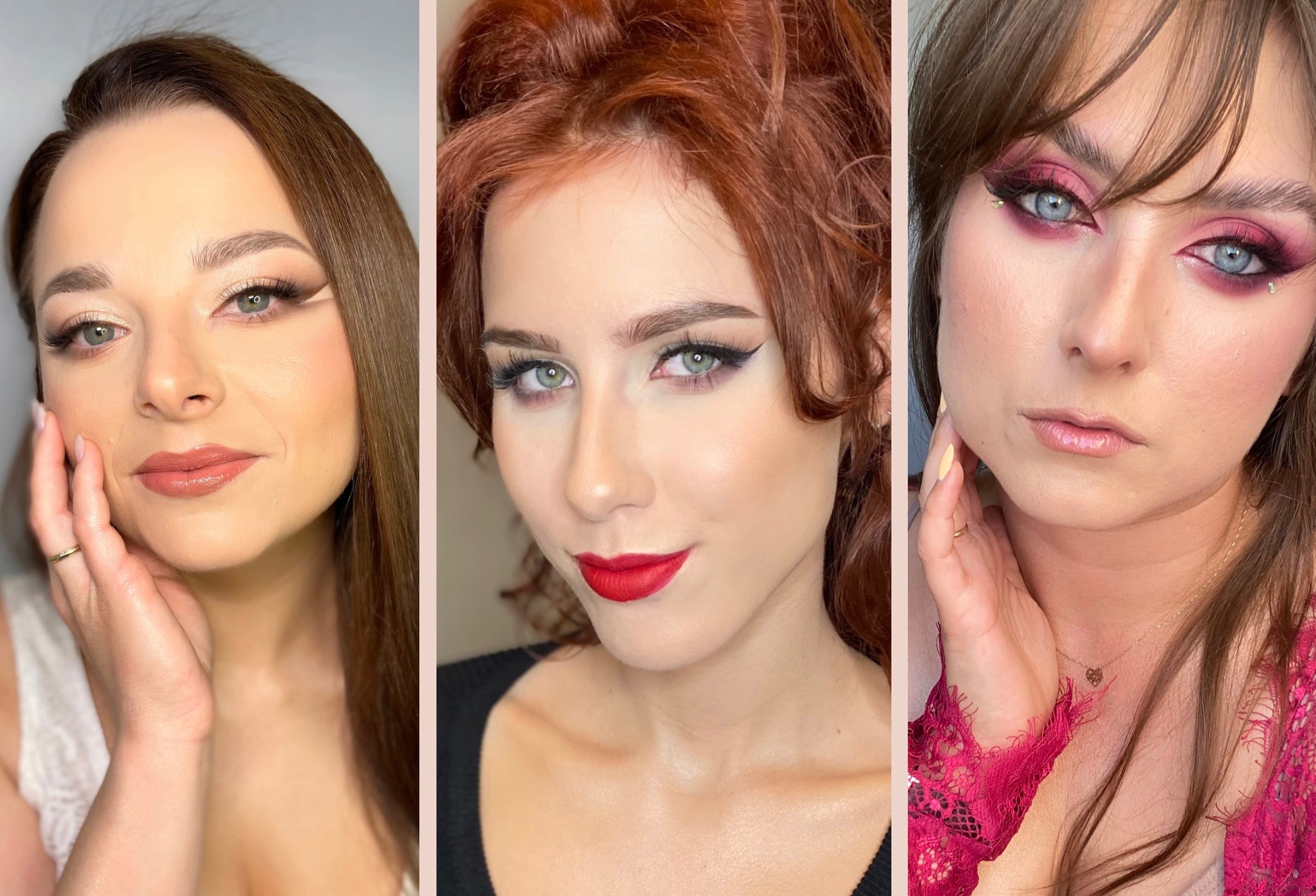 Kolaż portretów trzech kobiet z różnym wizażem: naturalny, z czerwoną szminką i z różowym cieniem do powiek.