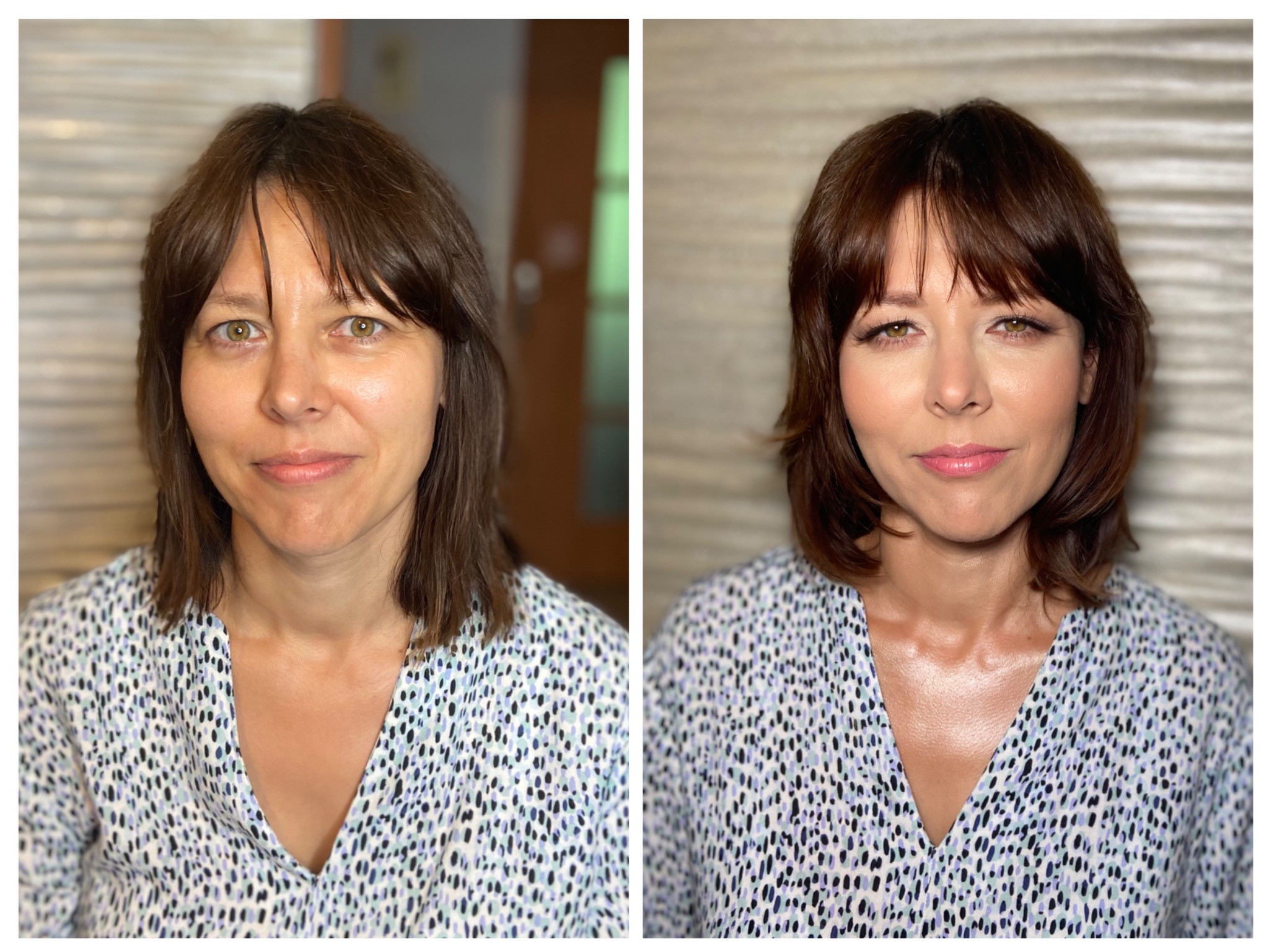 Portret kobiety przed i po aplikacji kosmetyków, widoczne różnice w cerze, konturowaniu i podkreśleniu oczu, ujęcie en face.