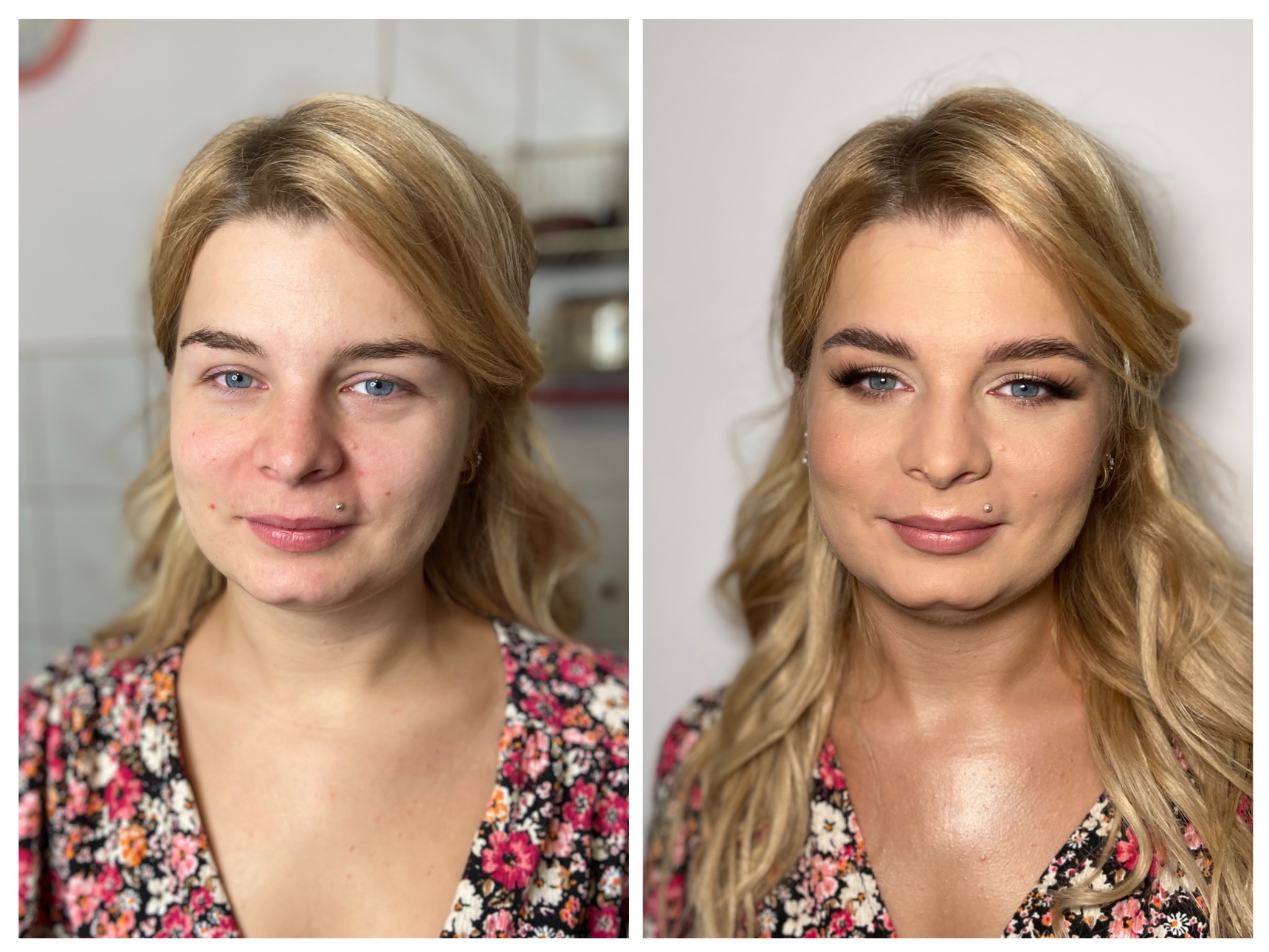 Kobieta przed i po aplikacji kosmetyków upiększających, widoczne różnice w wyglądzie cery, oczu i ust.