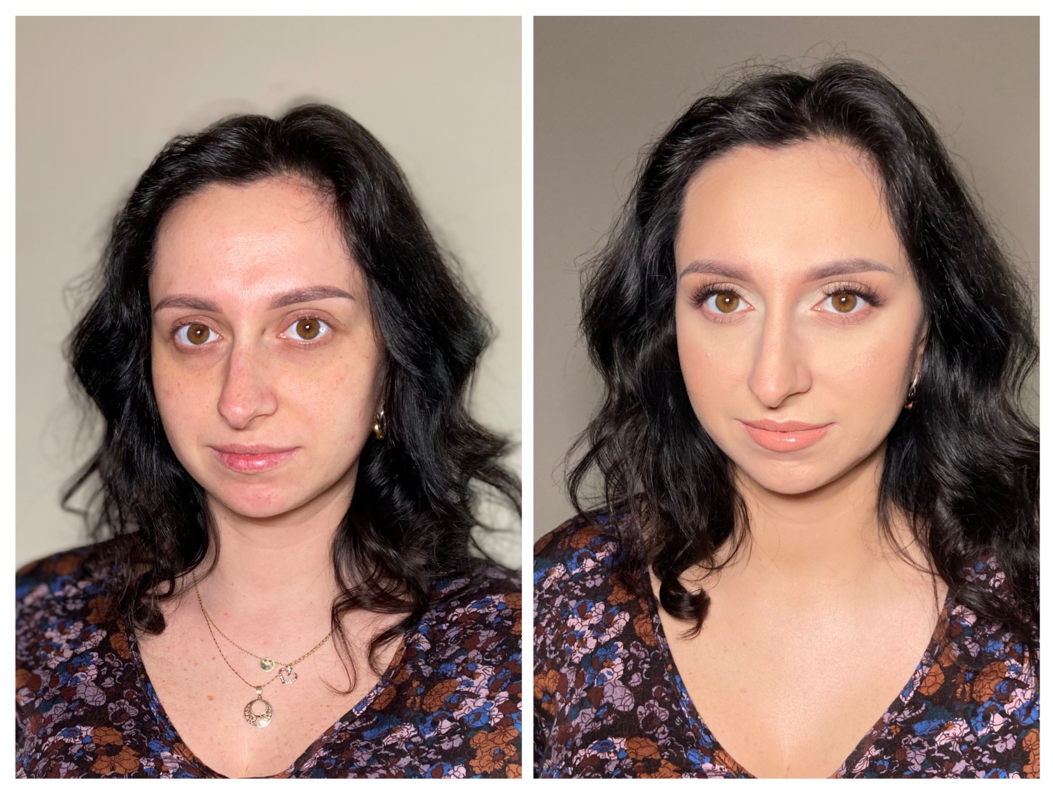 Portret kobiety przed i po aplikacji kosmetyków, widoczne różnice w konturowaniu twarzy, podkreśleniu oczu i ust, oraz wyrównaniu kolorytu cery.