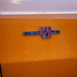 FOTOABERRACJA KAROL GACKOWSKI - Pomarańczowy lakier samochodu z emblematem Cobra 428 Jet pokryty kroplami wody, widok z bliska.