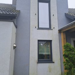 Blask Time - Szara elewacja dwukondygnacyjnego domu z dwoma oknami, widoczne zabrudzenia na jasnym fragmencie ściany i zielony mech na dachu.