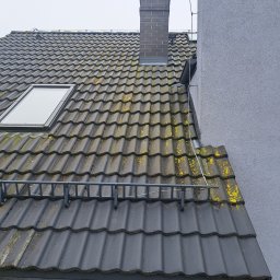 Blask Time - Ciemna dachówka z mchem, widoczny komin i okno dachowe. Fragment drabiny w dolnej części kadru. Ujęcie z dołu, pochmurne niebo w tle.