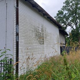 Blask Time - Boczny widok na zabrudzoną, białą elewację budynku z drewnianym sidingiem. Widoczne zacieki i porosty. W tle drzewa i wysoka trawa.