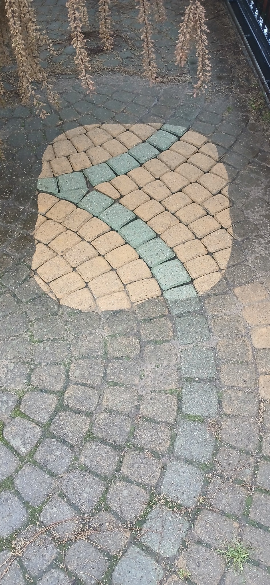 Kostka brukowa po czyszczeniu, widoczny fragment wyczyszczonej powierzchni w kształcie koła z niebieskim akcentem. Widoczne zabrudzenia na reszcie powierzchni.