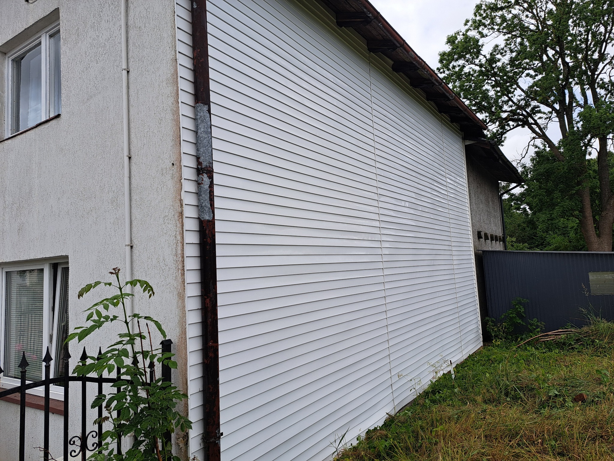 Boczny widok wyczyszczonej, białej elewacji domu z sidingu, z widocznym fragmentem rynny i roślinnością przy ścianie. Ujęcie z dołu, w tle drzewa i niebo.