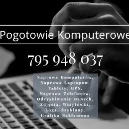 Reklama pogotowia komputerowego z numerem telefonu i listą usług, w tle dłoń i klawiatura laptopa.