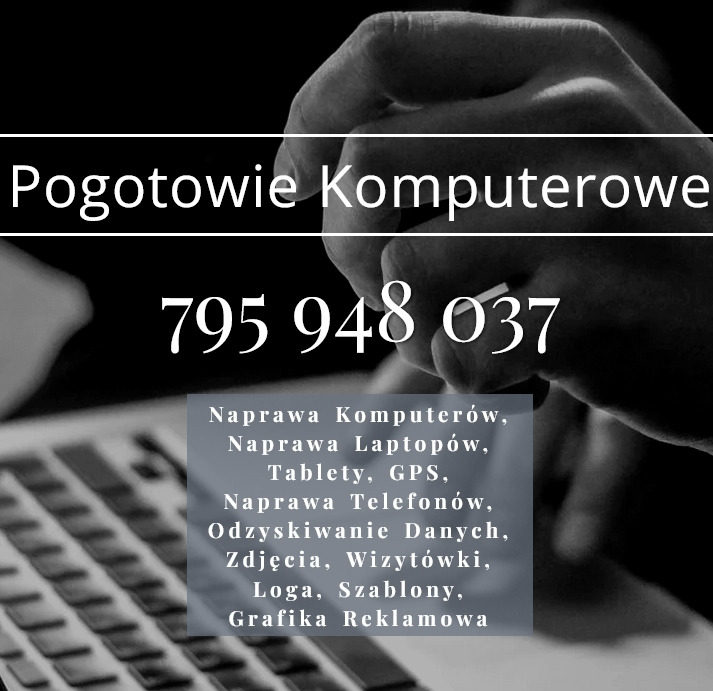 Reklama pogotowia komputerowego z numerem telefonu i listą usług, w tle dłoń i klawiatura laptopa.