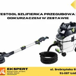 Zestaw szlifierki przegubowej Festool Planex z odkurzaczem, widok z boku, sprzęt na białym tle.