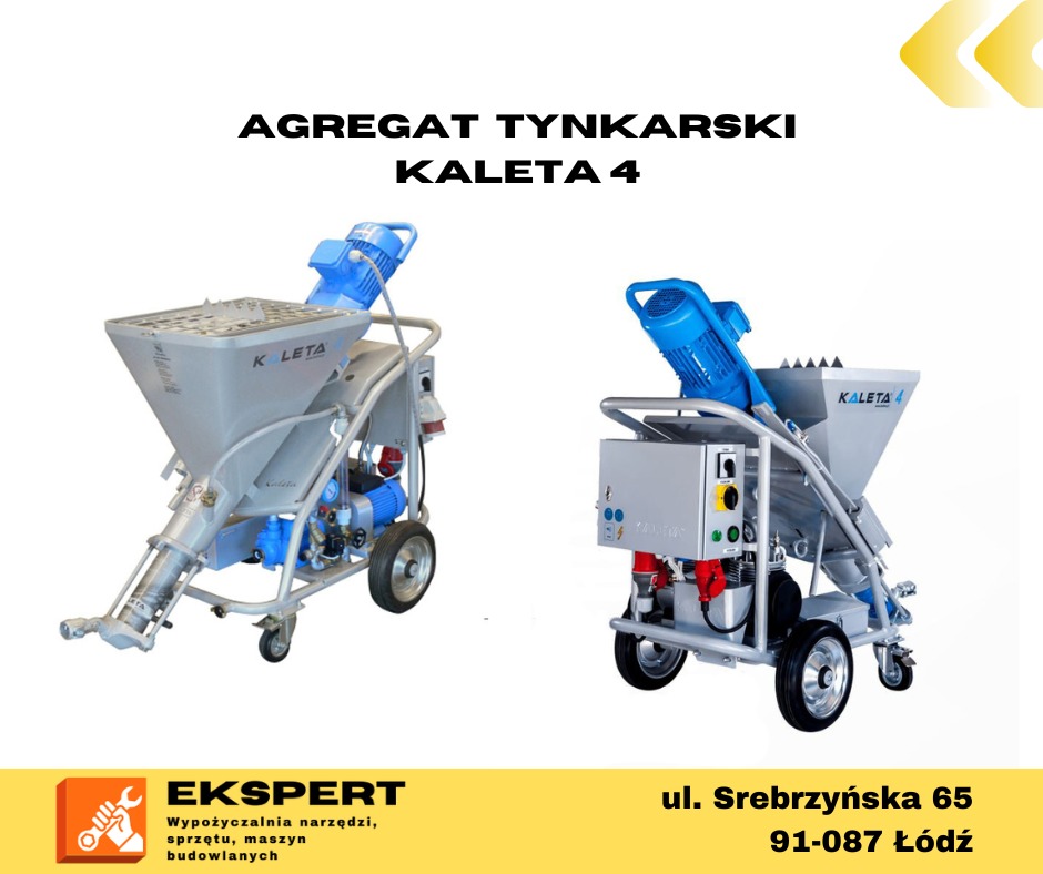 Dwa agregaty tynkarskie Kaleta 4 na białym tle, widoczne z przodu i z tyłu, z niebieskimi silnikami i szarymi zbiornikami, na kółkach.