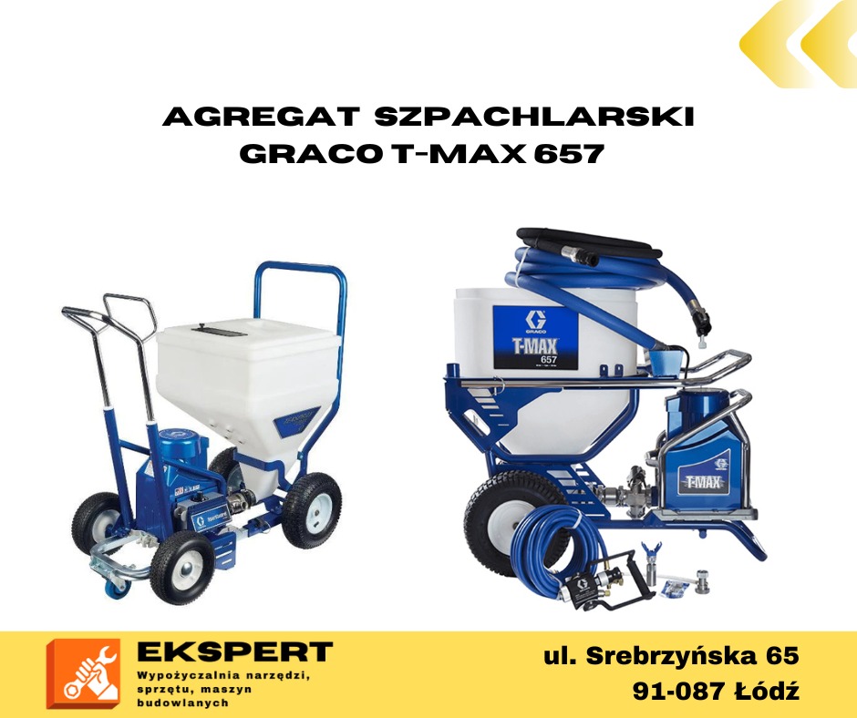 Dwa agregaty szpachlarskie Graco T-Max 657 na białym tle, jeden na kółkach z lejkiem, drugi z wężem i zbiornikiem, w prawym dolnym rogu logo firmy eksperta.