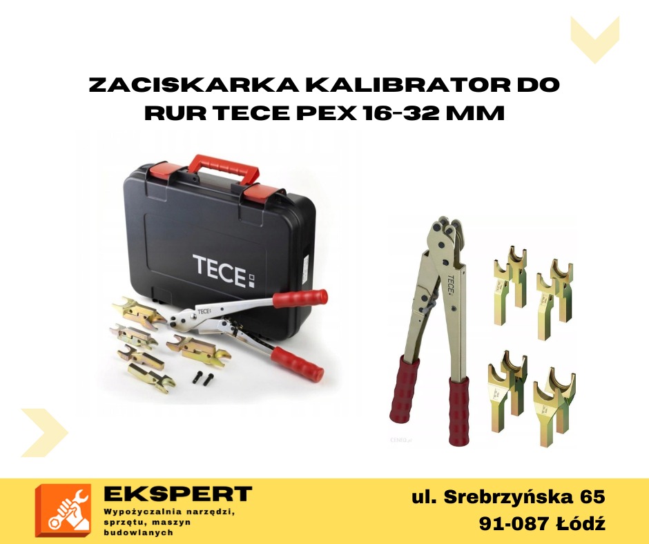 Zestaw zaciskarki i kalibratora do rur TECE PEX 16-32 mm, widoczne szczęki zaciskowe i walizka transportowa z logo TECE.