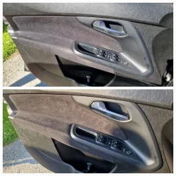 Porównanie czystości tapicerki drzwi samochodowych: góra - przed czyszczeniem, widoczne zabrudzenia; dół - po czyszczeniu, odświeżony wygląd szarego weluru.