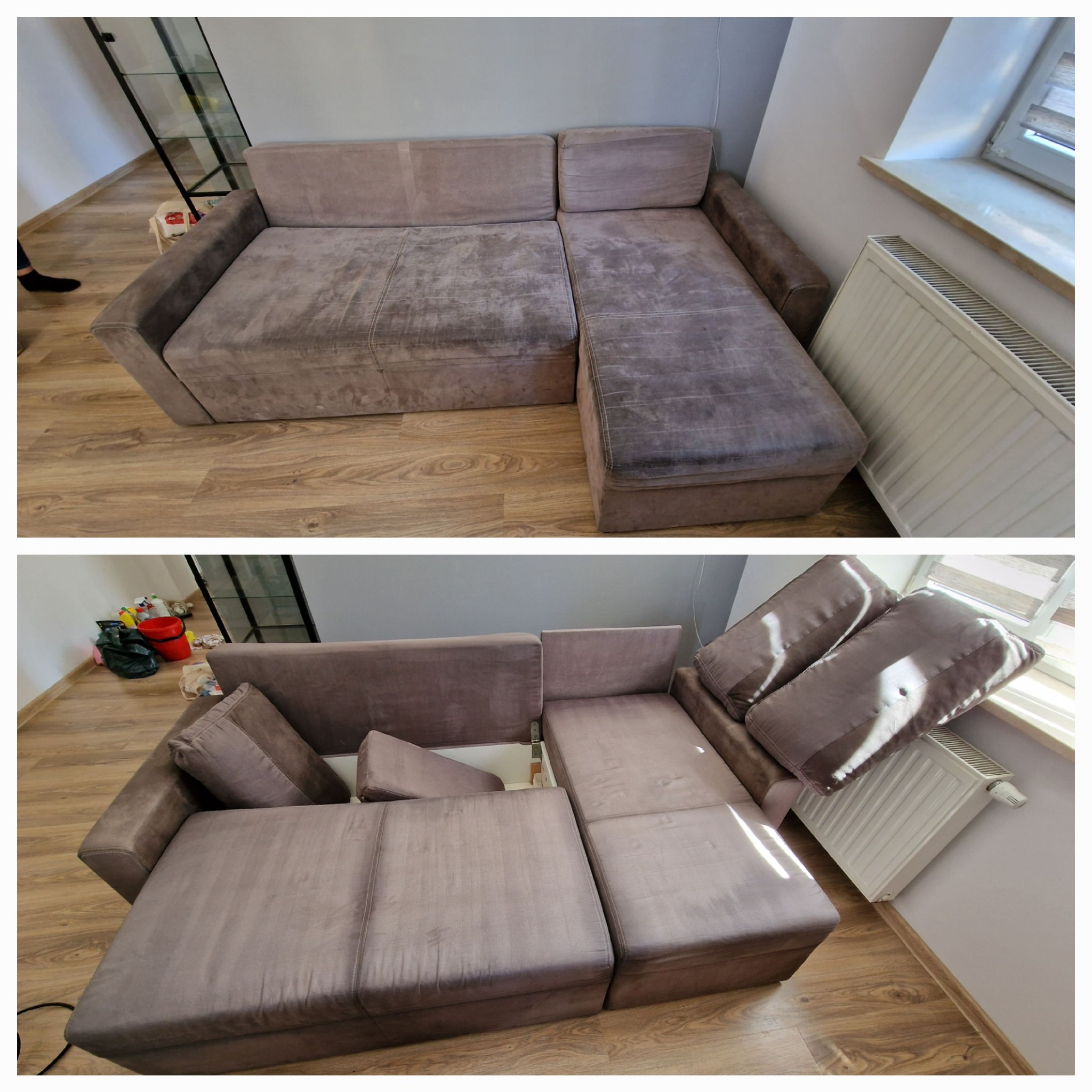 Dwu-częściowe ujęcie narożnej kanapy z brązowego weluru przed i po czyszczeniu. Górna część pokazuje wyraźne plamy i zabrudzenia na siedzisku i oparciu, dolna część prezentuje kanapę po czyszczeniu...