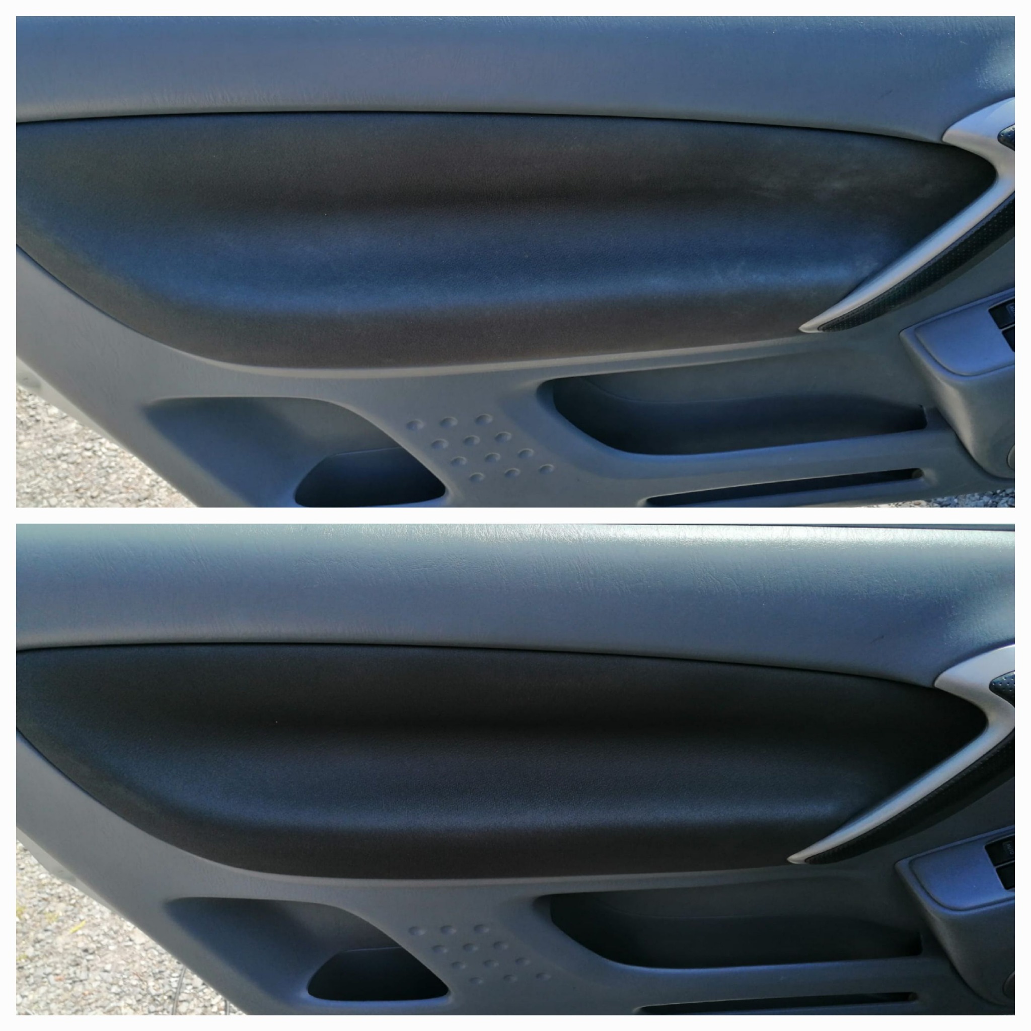 Tapicerka drzwi samochodu przed i po czyszczeniu, widoczne różnice w odcieniu i usunięte zabrudzenia na ciemnoszarym materiale.