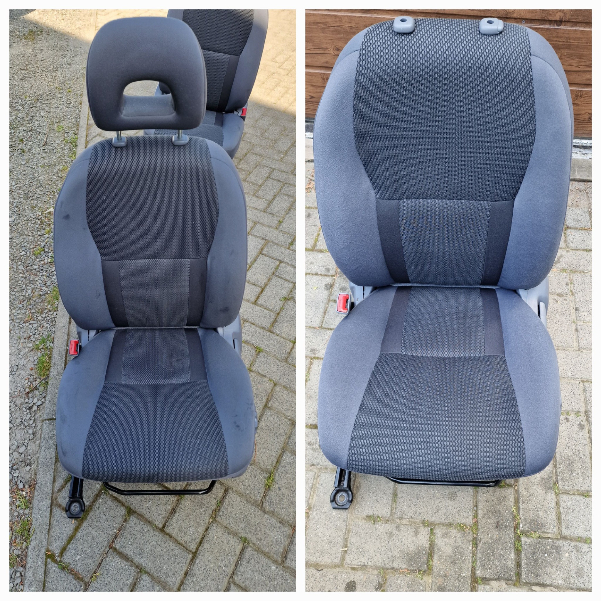 Dwa szare fotele samochodowe z widocznymi plamami na jednym z nich, ustawione na brukowanej powierzchni.