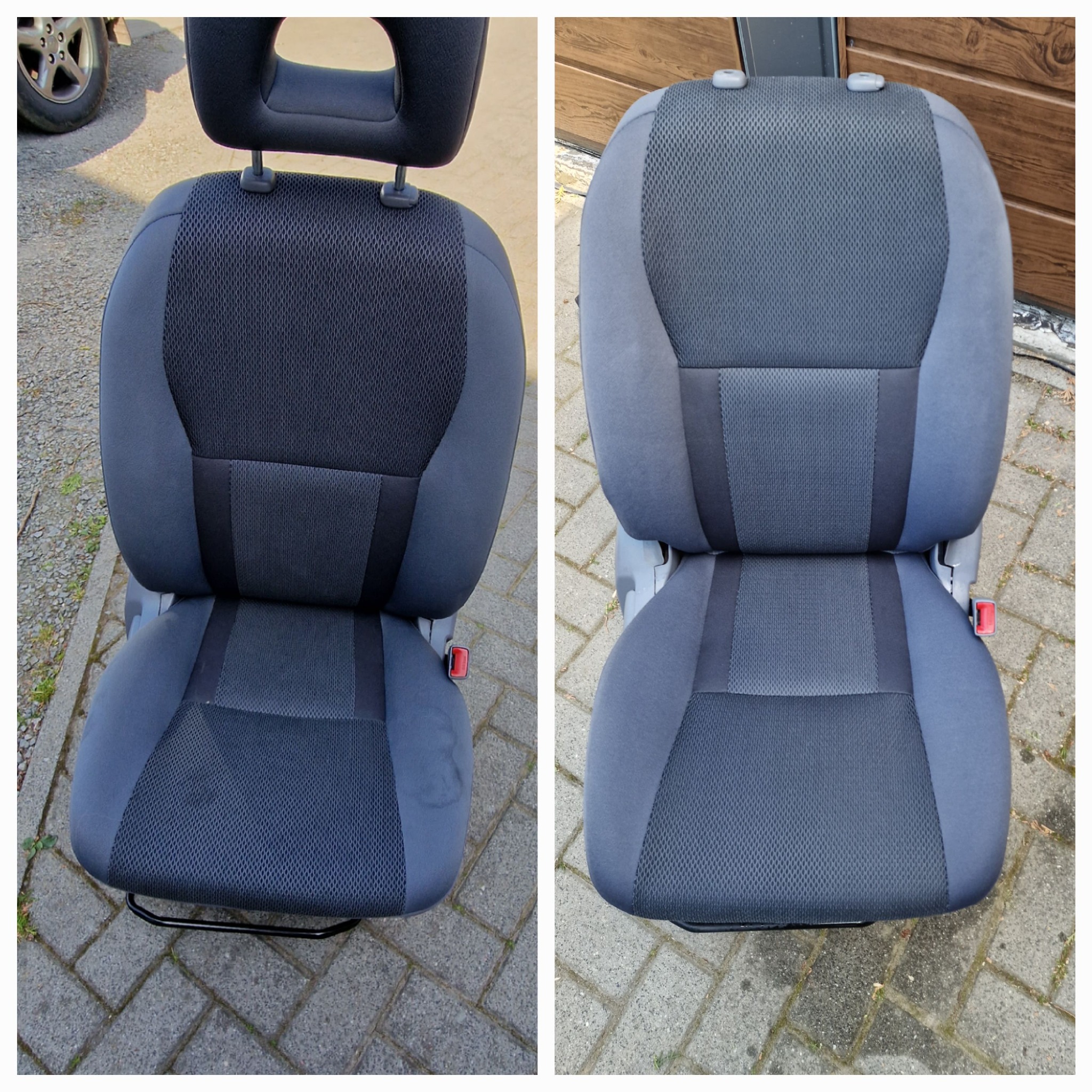 Porównanie fotela samochodowego przed i po czyszczeniu, widoczna różnica w odcieniu i usunięcie plam na lewym fotelu.