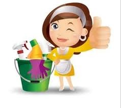 Karykaturalna postać kobiety w żółtej sukience i białym fartuchu, mrugająca okiem i pokazująca kciuk w górę, obok zielonego wiadra z płynami do czyszczenia i fioletowymi rękawicami.