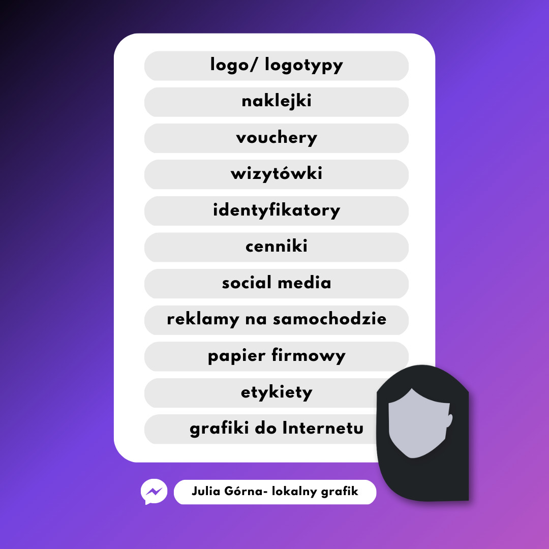 Lista usług graficznych, w tym logotypy, naklejki, vouchery, wizytówki, identyfikatory, cenniki, grafika do social media, reklamy na samochodzie, papier firmowy i etykiety, obok sylwetka grafika...