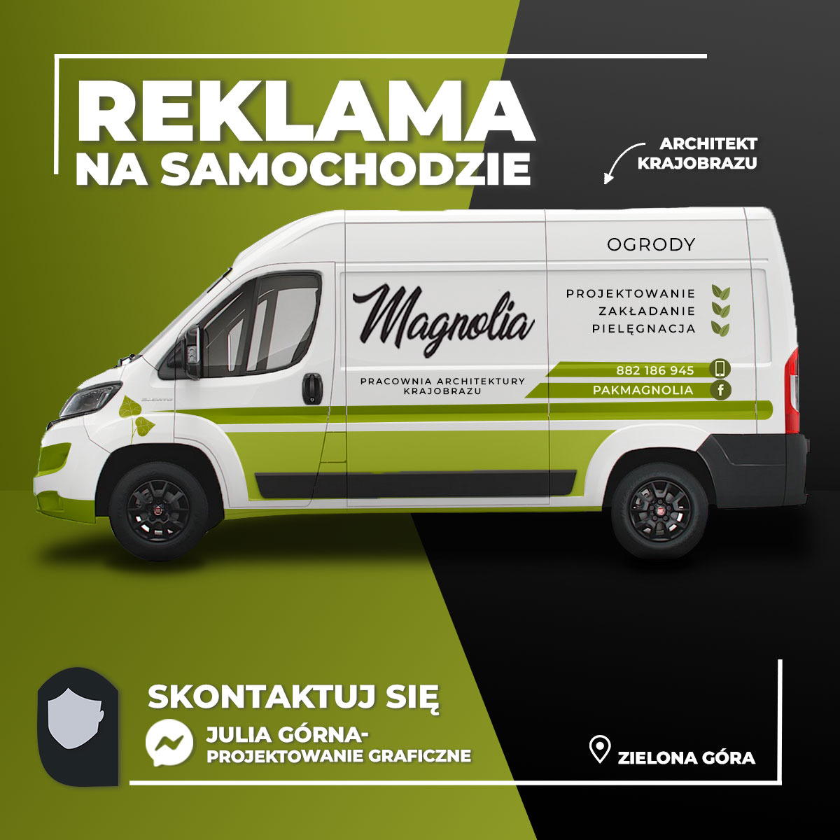 Projekt reklamy na samochodzie dostawczym firmy zajmującej się projektowaniem ogrodów.