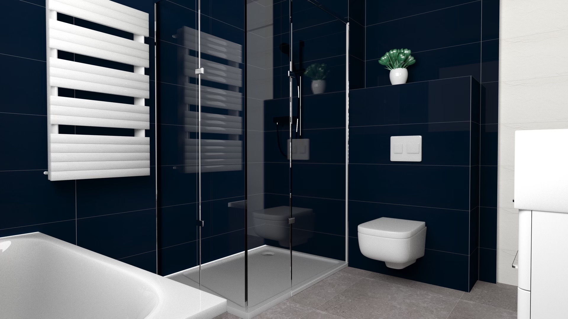 Nowoczesna łazienka z kabiną prysznicową typu walk-in, grzejnikiem drabinkowym, podwieszaną toaletą i ciemnoniebieskimi płytkami na ścianach.