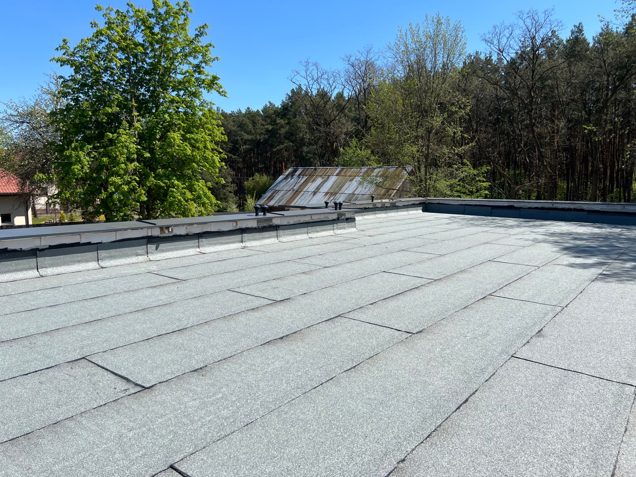 Płaski dach pokryty szarymi panelami bitumicznymi, widok z góry na tle zieleni drzew i błękitnego nieba.