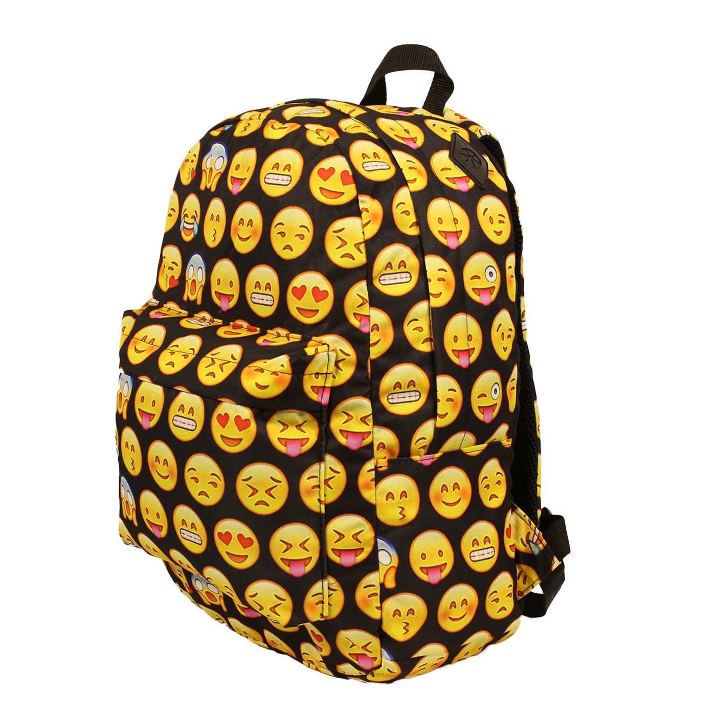 Czarny plecak z nadrukiem żółtych emotikonów, widoczny z perspektywy bocznej na białym tle.