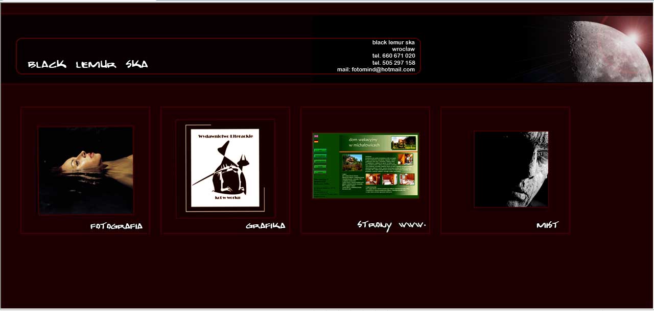 Strona internetowa firmy fotograficznej Black Lemur Ska z Wrocławia, prezentująca portfolio: fotografia, grafika, strony www i mist.