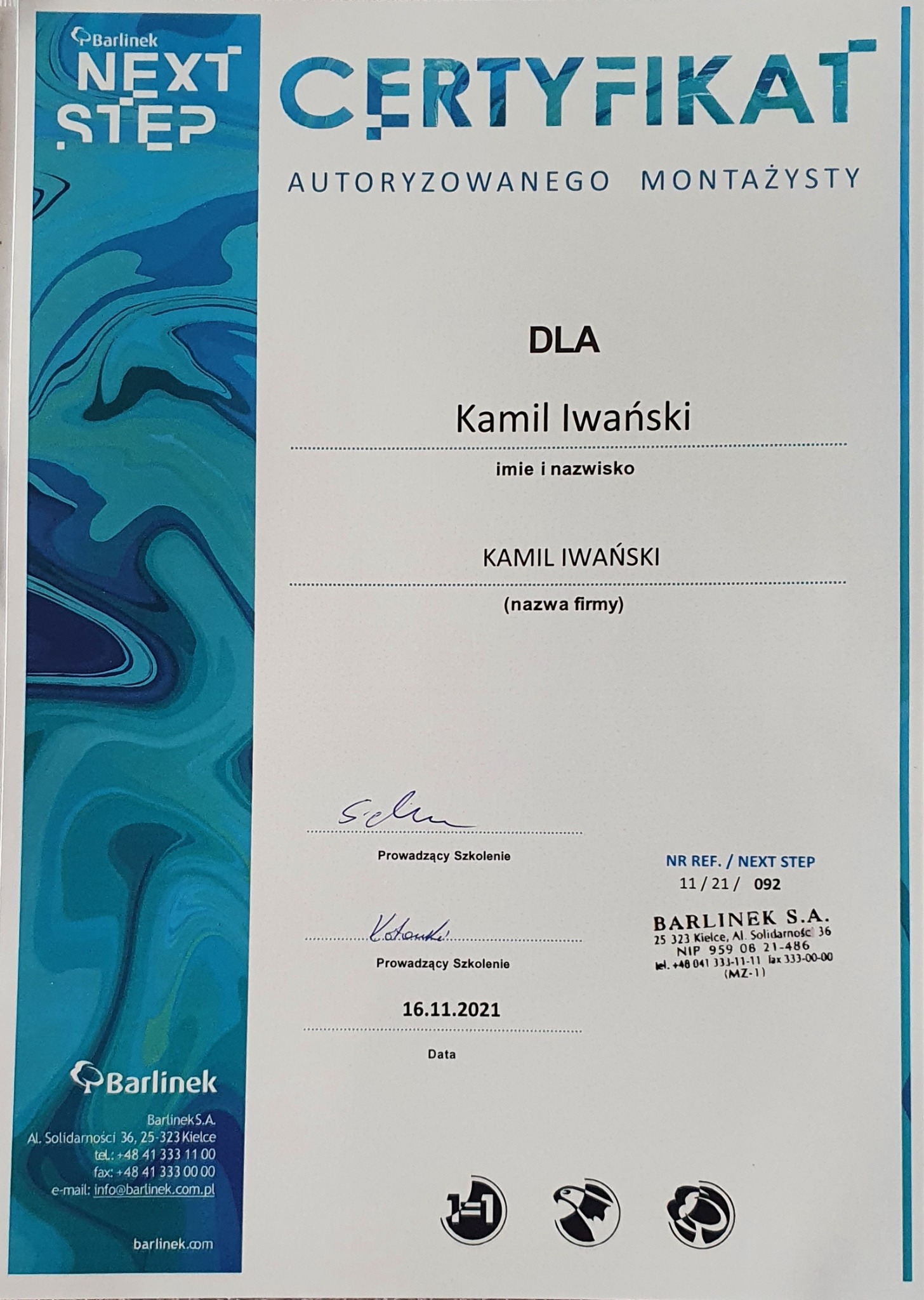 Certyfikat autoryzowanego montażysty Barlinek Next Step dla Kamila Iwańskiego, z podpisami prowadzących szkolenie i datą 16.11.2021.
