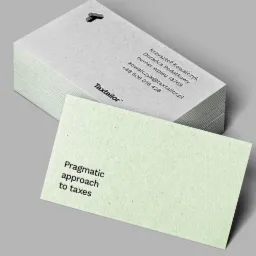 Stos wizytówek z danymi kontaktowymi i logo firmy Taxtailor oraz hasłem 'Pragmatic approach to taxes'.