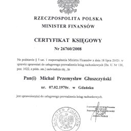 Certyfikat z roku 2008 nadający uprawnieni a do prowadzenia ksiąg rachunkowych