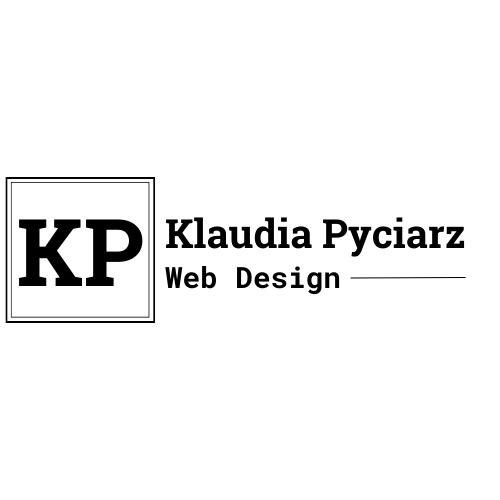 Logo firmy Klaudia Pyciarz Web Design z inicjałami KP w kwadracie po lewej stronie.