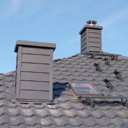 Szary dach z dachówki ceramicznej z dwoma kominami wykończonymi panelami i oknem dachowym, zabezpieczony barierkami przeciwśniegowymi, na tle błękitnego nieba.