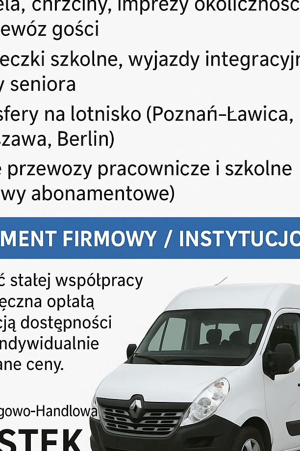 Biały bus Renault Master z ofertą przewozów firmowych i instytucjonalnych, w tle tekst z ofertą: transfery lotniskowe, przewozy pracownicze.