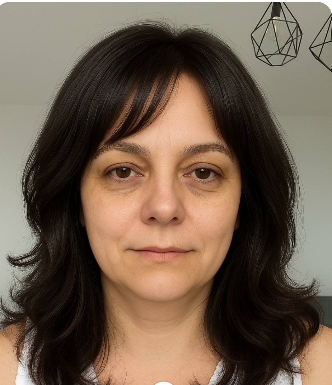 Portret kobiety z ciemnymi włosami i delikatnym uśmiechem, oświetlonej naturalnym światłem, z geometryczną lampą w tle, uchwycony w neutralnym ujęciu.