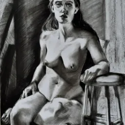 Szkic węglem przedstawiający siedzącą, nagą kobietę na stołku, z mocnym światłocieniem podkreślającym kontury i detale ciała.