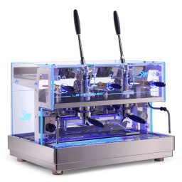 Segafredo Zanetti Poland Sp. z O.O. - Dwugrupowy ekspres do kawy z przezroczystą obudową, podświetlony niebieskim światłem LED, z dźwigniami i manometrem.