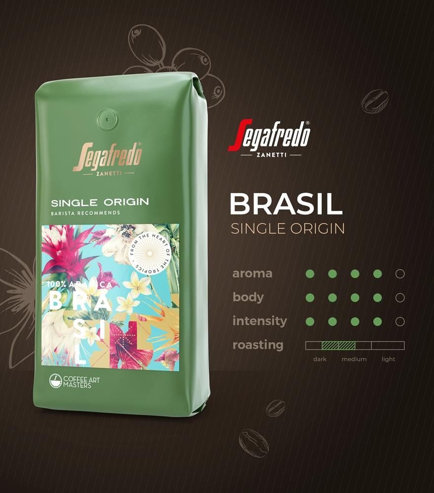 Opakowanie kawy Segafredo Zanetti Brasil Single Origin z informacjami o aromacie, intensywności i stopniu palenia, rekomendowane przez baristów, z motywem tropikalnych kwiatów.