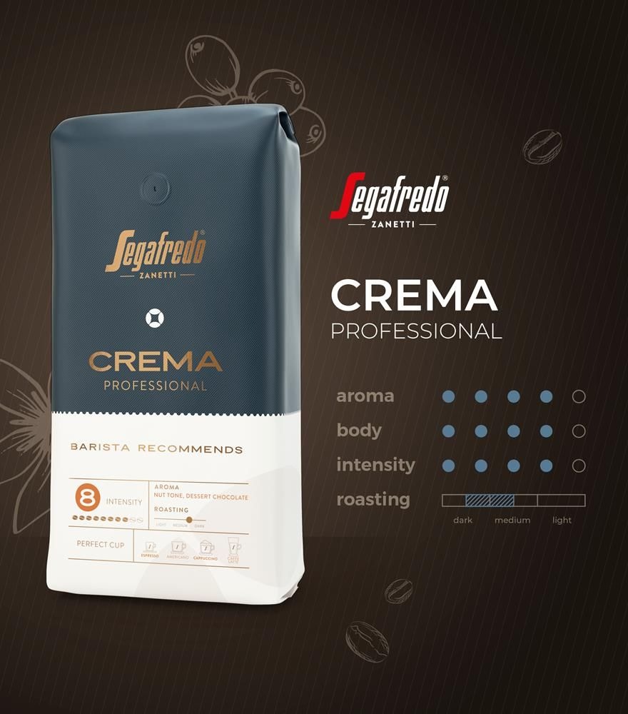 Opakowanie kawy ziarnistej Segafredo Crema Professional z informacjami o aromacie, intensywności i stopniu palenia, rekomendowana przez baristów.