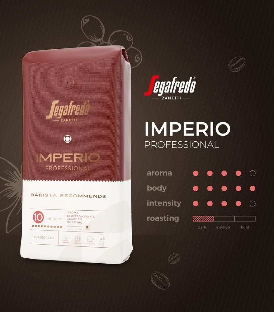 Opakowanie kawy Segafredo Zanetti Imperio Professional z informacjami o aromacie, intensywności i stopniu palenia, polecane przez baristów.