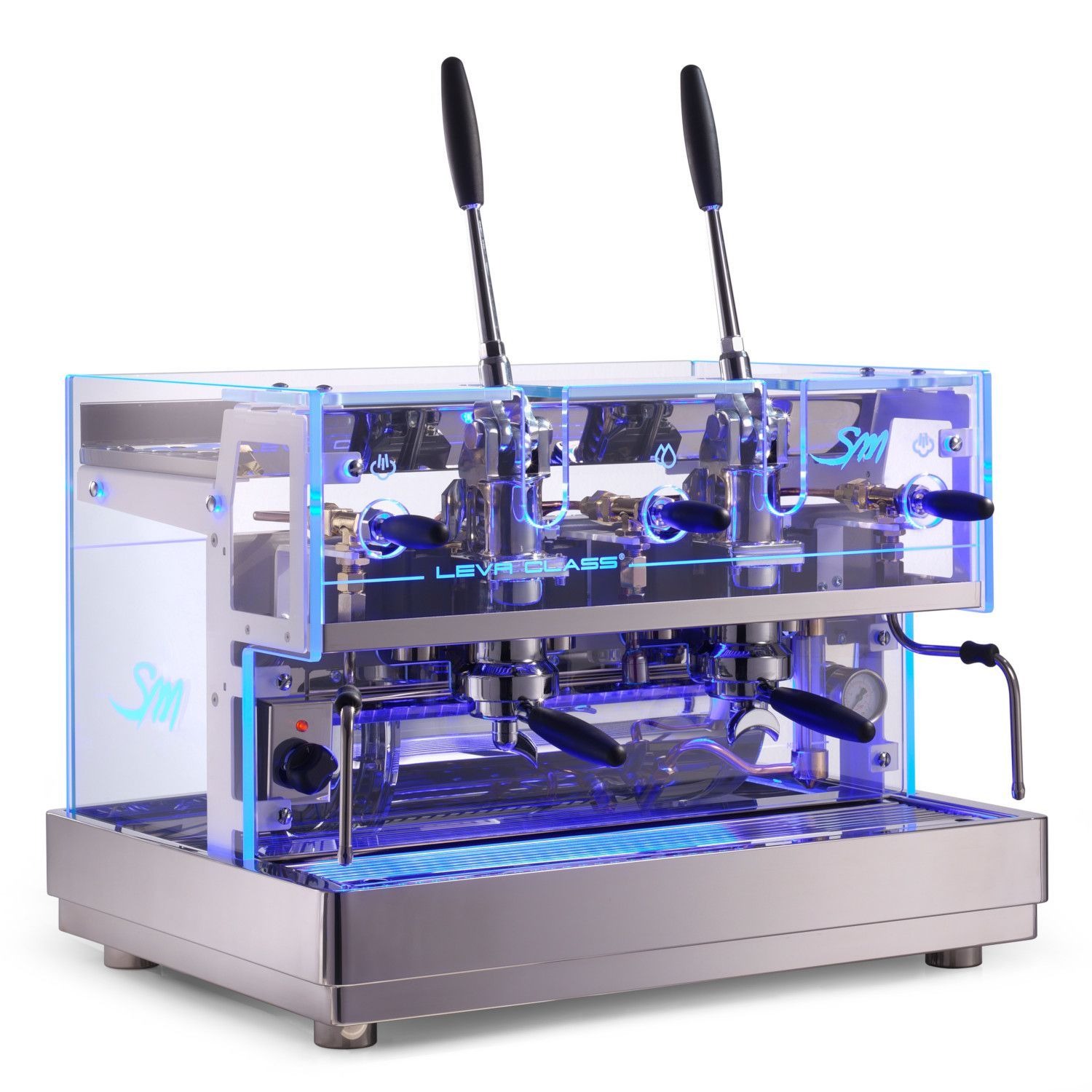 Dwugrupowy ekspres do kawy z przezroczystą obudową, podświetlony niebieskim światłem LED, z dźwigniami i manometrem.