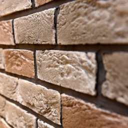 Projekt Home Adam Majchrowski - Ściana wykończona dekoracyjną cegłą w odcieniach beżu i brązu, z wyraźną fakturą i ciemnymi fugami, ujęcie pod kątem z bliska.